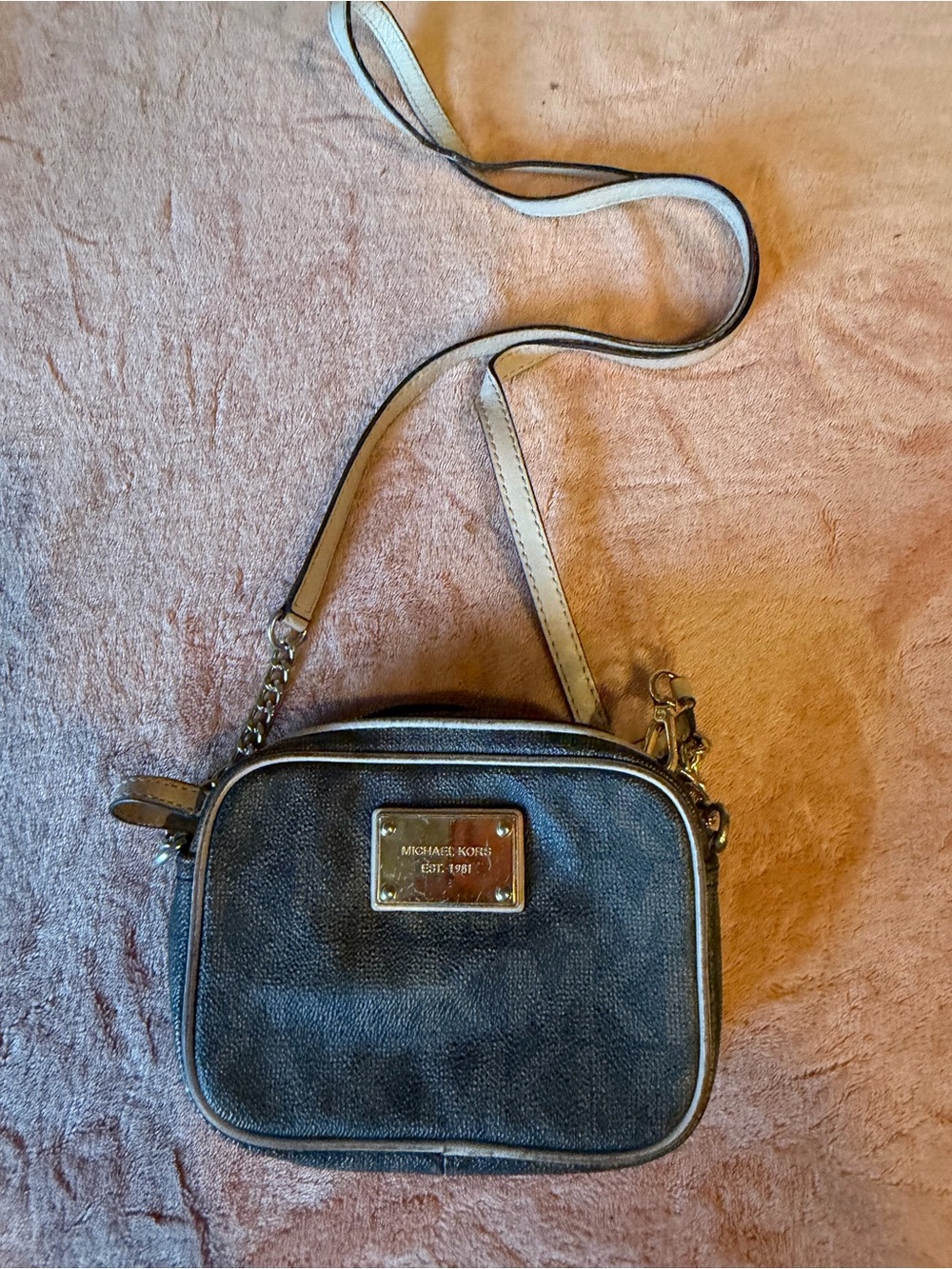 Michael Kors Black Pebble Leather Crossbody Camera Bag with Gold Plaque